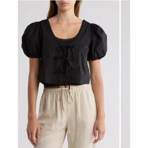 Abound Womens Size Medium Tie Front Poplin Crop Top Black Cotton Puff Sleeves